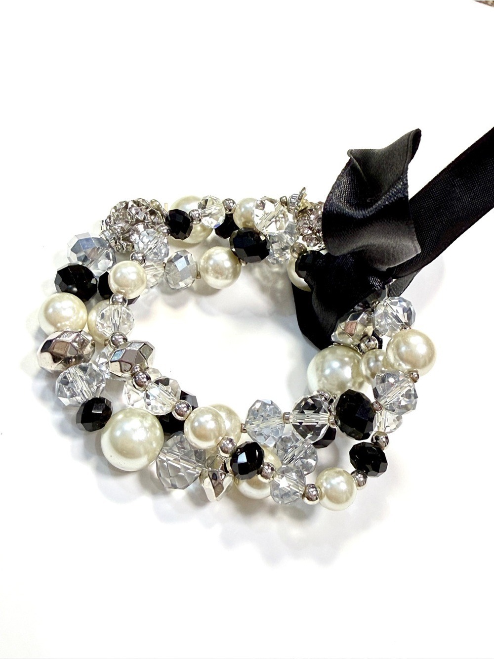 White House Black Market Crystal Pearl Bead Stretch Bracelet Black Ribbon NWT